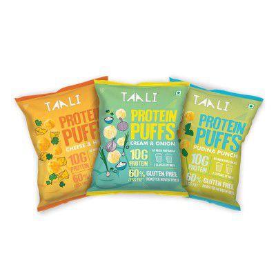 Taali Jowar & Protein Puffs | 60 gm (Pack of 3) | Pudina Punch, Cheese & Herb, Cream & Onion | Healthy Roasted Tasty Snacks, Ready to eat
