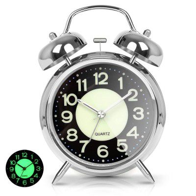 Table Analog Clock Alarm Super Loud for Heavy Sleepers Retro Twin Bell Metal Frame Clock 