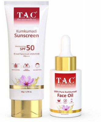 TAC - The Ayurveda Co. Kumkumadi Sunscreen With SPF50 & kumkumadi Face Oil for Detan and Glowing Skin (70ml)  (2 Items in the set)
