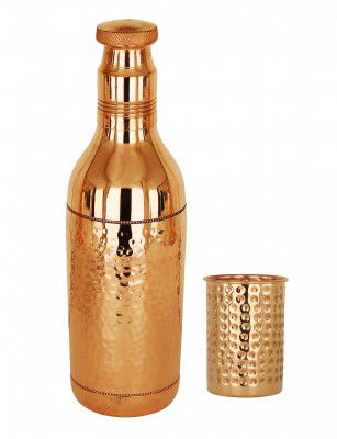 Taluka Copper Hammered Water Bottle with Glass, Brown, Set of 2