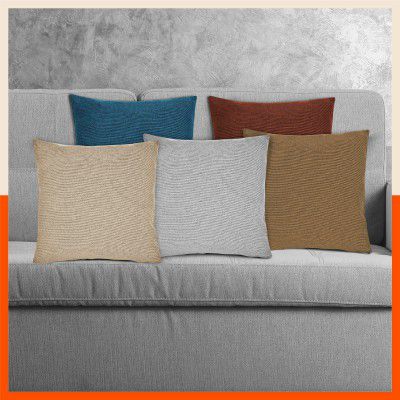 Tangerine by Bathla - Akira Jute Cushion Covers | Exquisite Woven Design (Set of 5- 16x 16 Inches)