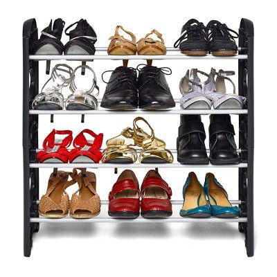 Taramoney Plastic Foldable Shoe Rack with 4 Shelves and Plastic Rod (Black)