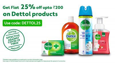 Tata 1mg - Flat 25% Off Upto Rs 200 on Dettol, Durex & Veet + Extra Payment Offers.