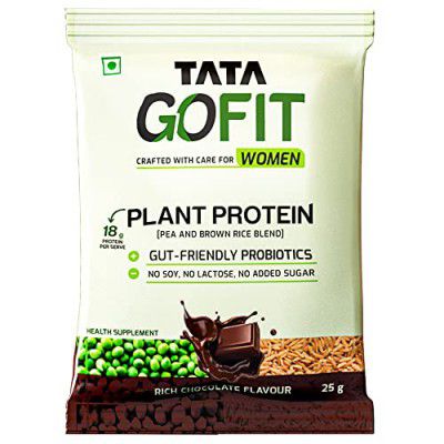 Tata GoFit Plant Protein Powder for Women | Gut-Friendly Probiotics | Rich Chocolate Flavour, 25 g (Single Serve)