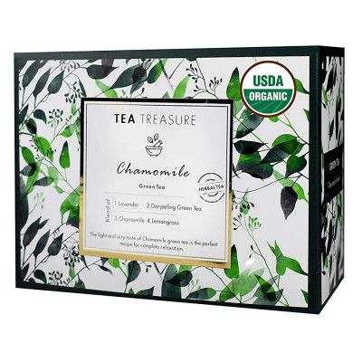 Tea Treasure Chamomile Green Tea - Calming & Soothing Sleep Tea for Stress and Anxiety - 1 Teabox ( 18 Pyramid Tea Bags )