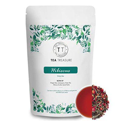 Tea Treasure Hibiscus Green Tea - 50 Gm - A Blend of Hibiscus Flower, Lemongrass, Black Currant, Cranberry & Other Natural Herbs | Calm Tea for Stress & Anxiety Relief Tea | Detox Tea