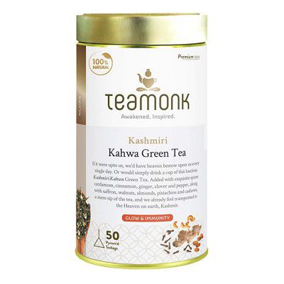 Teamonk High Mountain Kashmiri Kahwa Green Tea - 50 Biodegradable Pyramid Tea Bags 