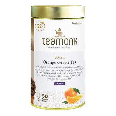 Teamonk Sozen High Mountain Orange Fruit Green Tea Box - 50 Biodegradable Pyramid Tea Bags 