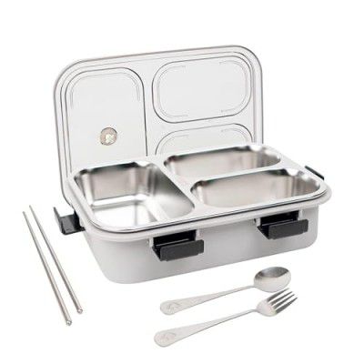 TEC TAVAKKAL Lunch Box 3 Compartment Leak-Proof BPA Free Stainless Steel with Spoon