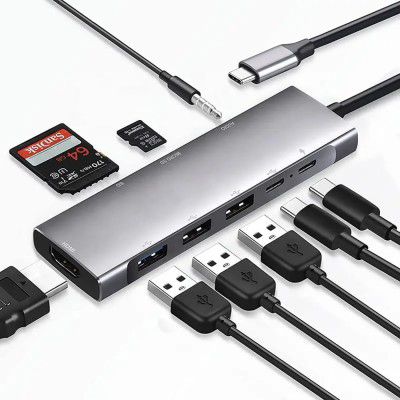 Technoview USB-C Hub Dock 9-in-1 Aluminium Type-C Adapter with 4K HDMI, Ethernet 1000mbps Port, 3 USB 3.0, USB-C Power Delivery, 3.5mm Audio only, TF/SD Card Reader, Mac & Windows USB-C Devices