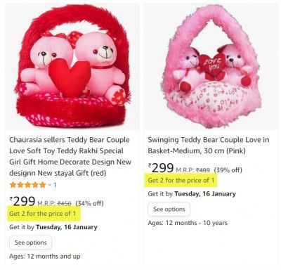 Teddy Bear Couple Love Soft Toy @ ₹299 + Buy 1 Get 1 Free
