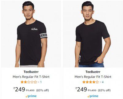 TeeBustrr Men's Black T-Shirts @ Minimum 80% OFF