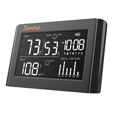 Temtop P20 Digital Thermometer and Hygrometer PM2.5 Air Quality Monitor Tabletop Temperature Monitor Humidity Gauge Meter with Comfort Level Icon and Rechargeable Battery –Black