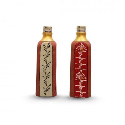 Terra Charms Hand-Painted Clay Water Bottle – 1 L | Decorative Mitti Water Bottle | with Metal cap