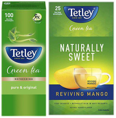 Tetley Green Tea - Pure & Original, 100 tea bags (1.3g each) + Tetley Green Tea Reviving Mango Bag, 32 g