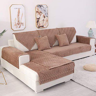 TEWENE Velvet Geometric Pattern Anti-Slip Sectional Couch Cover with Armrest Backrest Cover (Coffee, 36''x82 Inches)