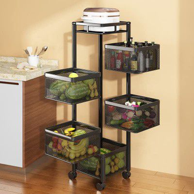 TEX-RO Kitchen Trolley with Wheels, Kitchen Organizer Items and Storage Solutions for Squre Kitchen Organizer and Kitchen Accessories Items (Black, Layer 5)