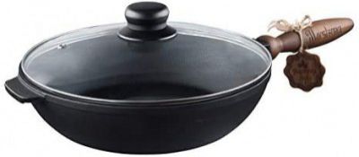 Texas Element Maysternya T306C3 Solid Cast Iron Frying Pan 28 * 6 cm with Wooden Handle & Glass Cover