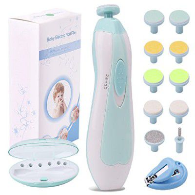 TFW Baby Nail File Electric Nail Trimmer Manicure Set with Nail Clippers, Toes Fingernails Care Trim Polish Grooming Kit Safe for Infant Toddler Kids or Women, LED Light and 10 Grinding Heads (White/T