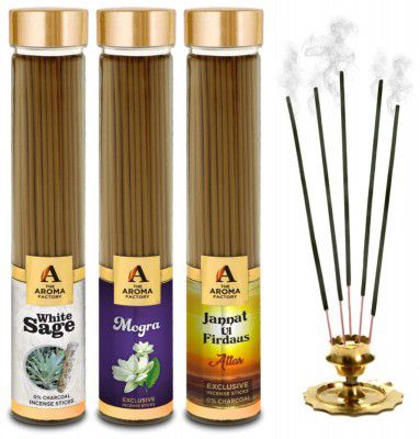 The Aroma Factory White Sage,Mogra& Attar Jannat Agarbatti for Pooja,Luxury Incense Sticks,100% Herbal Fragrance Agarbathi (Bottle Pack of 3x100g)
