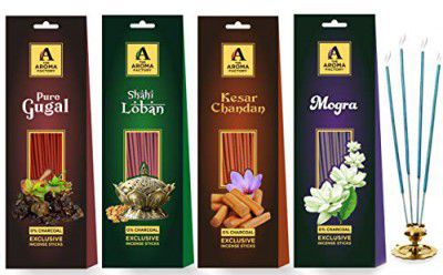 The Aroma Factory Wood Incense Sticks for Pooja Chandan, Gugal, Loban, Mogra Agarbatti Packet (6 cm x 8 cm x 26 cm, Pack of 4 x 30)