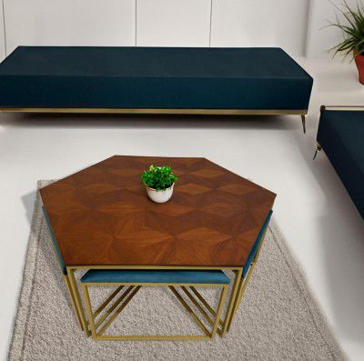The Attic Coaster Coffee Table with 6 stools, Coffee Table for Living Room, Wooden Classy Centre Table with 6 stools, Honey Matte Finish