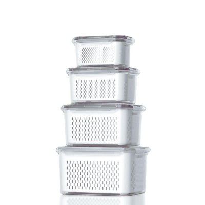 The Better Home (Pack of 4 Food Containers | Storage Box for Fridge | Vegetable Fruit Boxes | Refrigerator Storage Box | Containers With Lid | Handheld Strainer Basket| Transparent