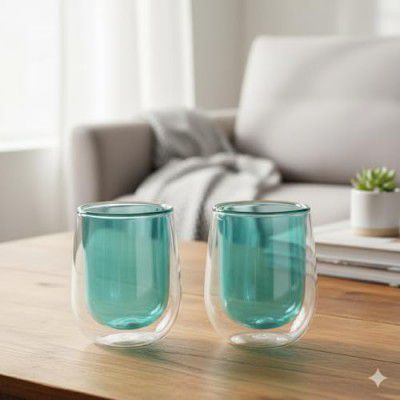 The Better Home Zest Series Coloured Double Wall Glass Cup (2Pcs - 190ml)| Water & Cup Set | Glass Tea Cups