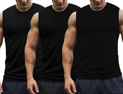 THE BLAZZE 0006 Men's Gym Vest Gym Tank Muscle Tee Gym Tank Top Cotton Sleeveless Vest (Medium, Black)
