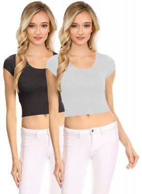 THE BLAZZE 1051 Women's Basic Sexy Solid Scoop Neck Slim Fit Short Sleeves Crop Tops (Medium(32"-34"), C - Darkgrey Grey)