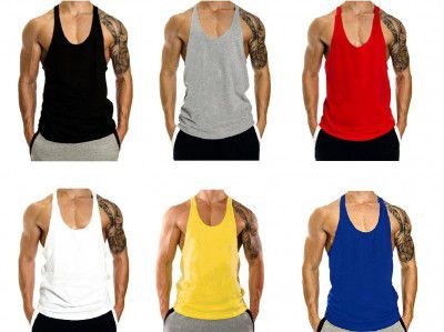 THE BLAZZE Men's Blank Stringer Y Back Bodybuilding Gym Tank Tops Pack of 6