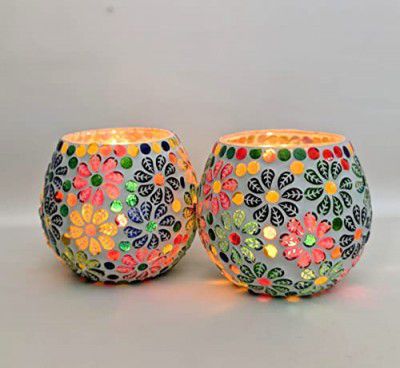 The Bright Storey ® Mosaic Colorful Glass Candle Tealight Candle Holder Large 4 (Pack of 2)