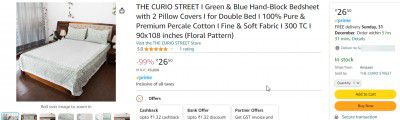 THE CURIO STREET I Green & Blue Hand-Block Bedsheet with 2 Pillow Covers I for Double Bed I 100% Pure & Premium Percale Cotton I Fine & Soft Fabric I 300 TC I 90x108 inches (Floral Pattern)