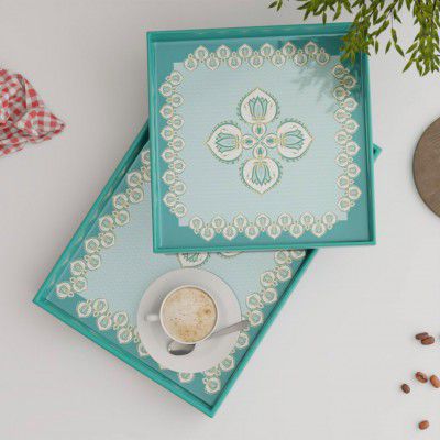 The Earth Store Floral Combo Wooden Tray Set for Serving, Kitchen & Dinning & Decorative 