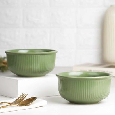 The Earth Store Green Fringe Ceramic Bowl Set of 2, 550ML Each | Snack Bowl