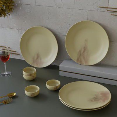 The Earth Store Ivory Italian Set of 8 Ceramic Dinner Set 4 Full Dinner Plates, 4 Vegetbale Bowls Microwave & Dishwasher Safe