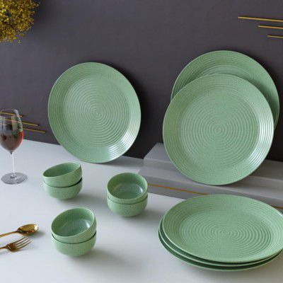 The Earth Store Spiral Green Set of 12 Piece Ceramic Dinner Set, 6 Full Dinner Plates