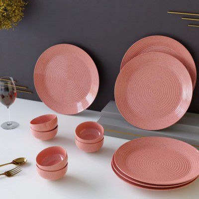 The Earth Store Spiral Pink Set of 12 Piece Ceramic Dinner Set, 6