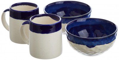 The Earth Store Studio Pottery Dual Tone White and Blue Coffee Mug with Snack Bowl- Set of 2 Each