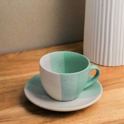 The Earth Store TT Green Ceramic Cappuccino Coffee Cup with Saucer Set of 1, 250ML Microwave and Dishwasher Safe Large Tea Cups 