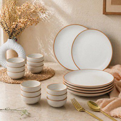 The Earth Store White Matte Ceramic Dinner Set, 18 Pieces with 6 Dinner Plates & 12 Vegetable Bowls | Microwave & Dishwasher Safe | Crockery Set for Gifting & Dining