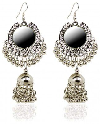 The Hawks Corporation Afghani Designer Oxidised German Silver Plated Tribal Hoop Dangler Hanging Mirror with Jhumka Earring for Girls & Women