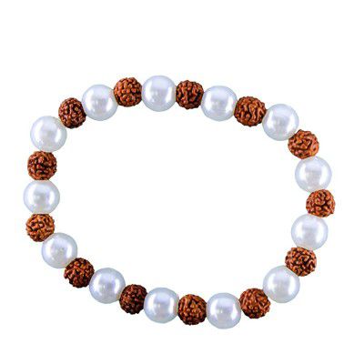 The Holy Mart White And Brown Rudrakh And Pearl bracelet in elastic band | Rudraksh Bracelet