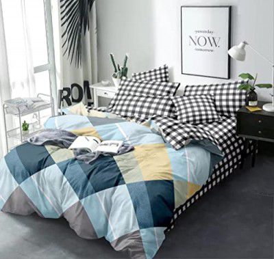 THE HOME STYLE Cotton Feel Glace Cotton Elastic Fitted Printed Queen Size Double Bed Bedsheet with 2 Pillow Cover (60"x78", Light Iceberg Blue)
