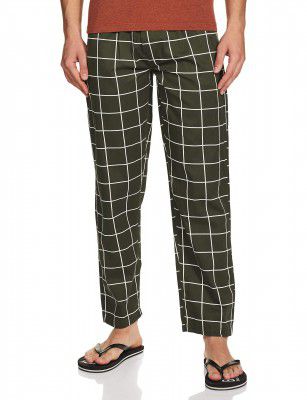 The Indian Garage Co Green Slim Fit Cotton Checkered Mid-Rise Lounge Pant