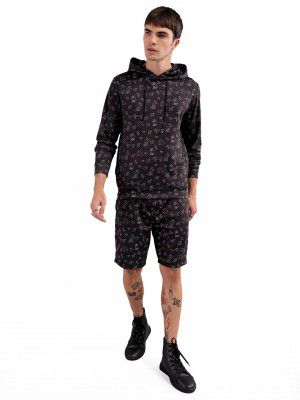 The Indian Garage Co Mens Polyester Black Regular Fit Geometric Print Overhead Hooded Sweatshirt & Shorts Co-Ord Set (Black_M), Medium