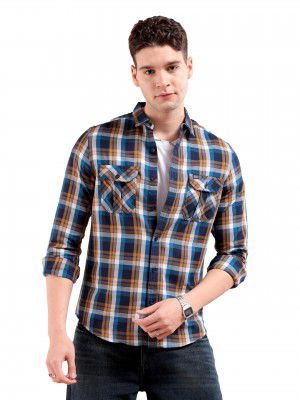 The Indian Garage Co Men's Slim Fit Shirt (0120-SH33-09_Khaki & Navy L)