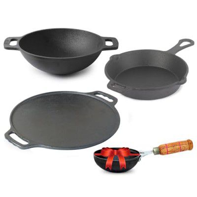 The Indus Valley Pre-Seasoned Cast Iron Cookware Set Kitchen Cooking Combo Pots & Pans Set Of 4Pcs|Naturally Nonstick - Black