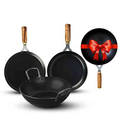 The Indus Valley Pre-Seasoned Iron Cookware Set + Free Wok (25 Cm) | Kadai (24 Cm) + Fry Pan (24 Cm) + Tawa (26 Cm) | Kitchen Cooking Combo Pots And Pans Set Of 4Pcs | Black