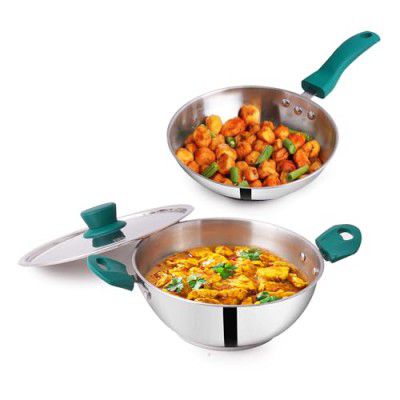 The Indus Valley Stainless Steel Cookware Set Sandwich Bottom - Set Of 3Pcs | Fry Pan (22.8 Cm/1.5L)+ Kadai With Lid (22.6 Cm/2.1L)